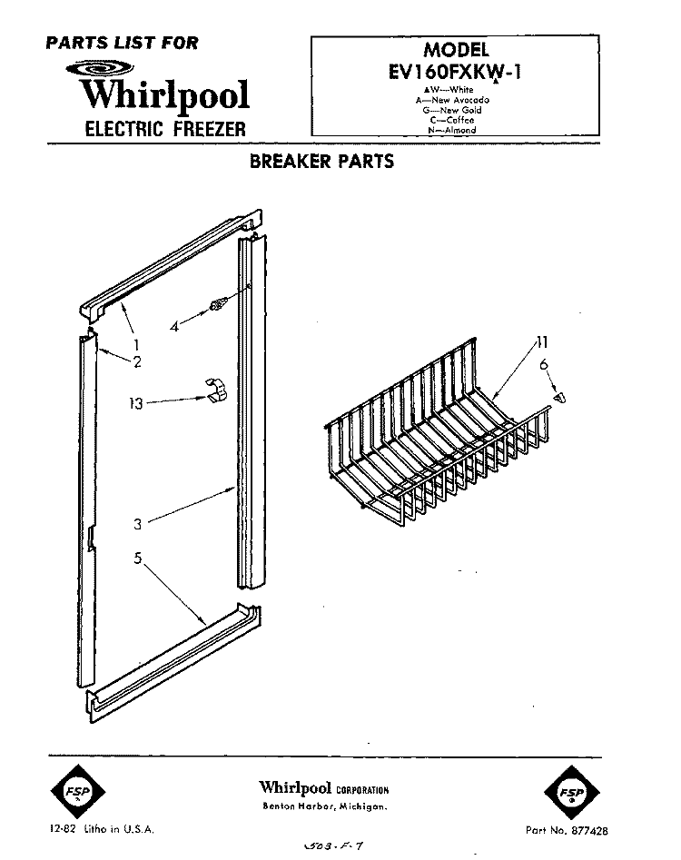 BREAKER Diagram and Parts List for EV160FXKW1  Whirlpool Freezer