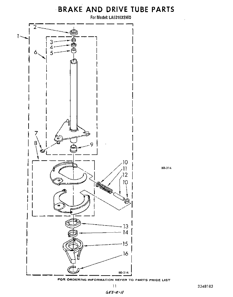 BRAKE AND DRIVE TUBE Diagram and Parts List for LA5310XSW0  Whirlpool Washer