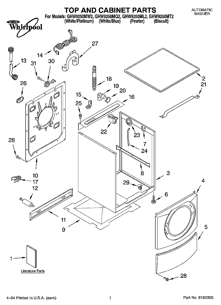 TOP AND CABINET PARTS Diagram and Parts List for GHW9250ML2  Whirlpool Washer