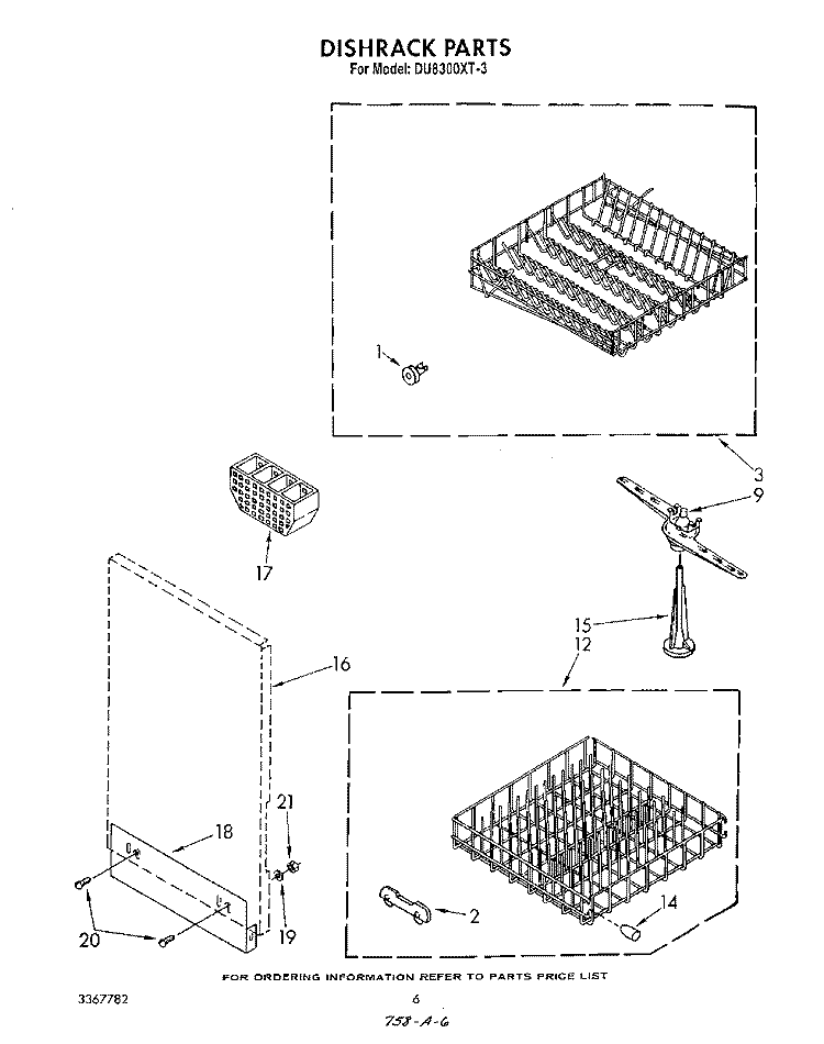 DISHRACK Diagram and Parts List for DU8300XT3  Whirlpool Dishwasher