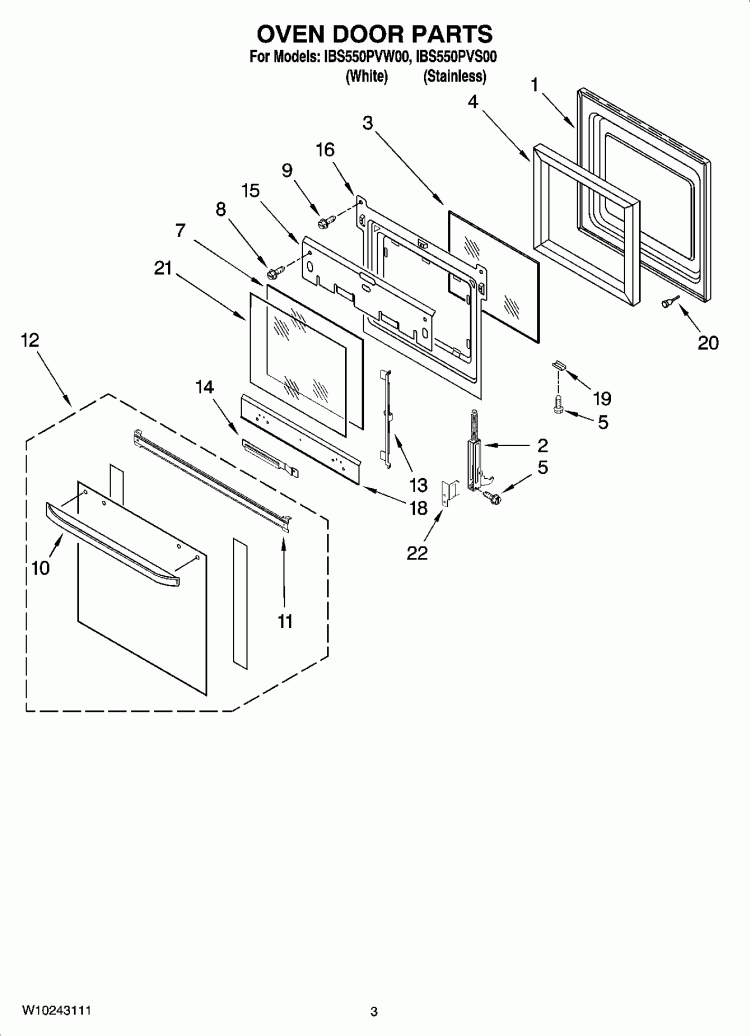 OVEN DOOR PARTS Diagram and Parts List for IBS550PVS00  Whirlpool Wall Oven