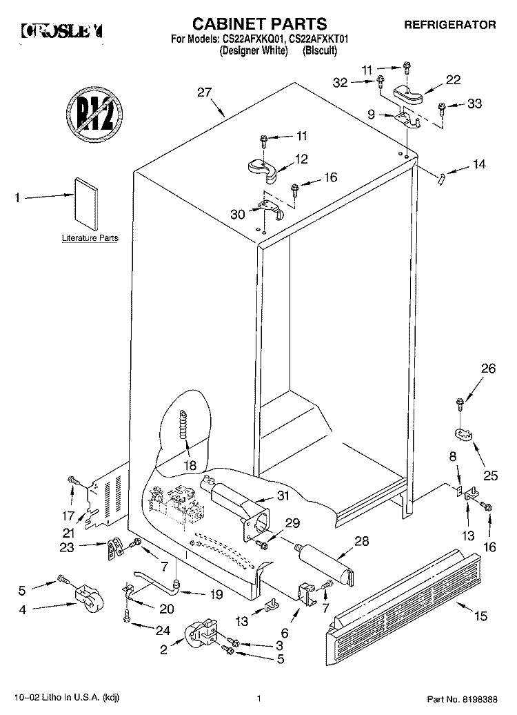 CABINET, LITERATURE Diagram and Parts List for CS22AFXKT01  Whirlpool Refrigerator