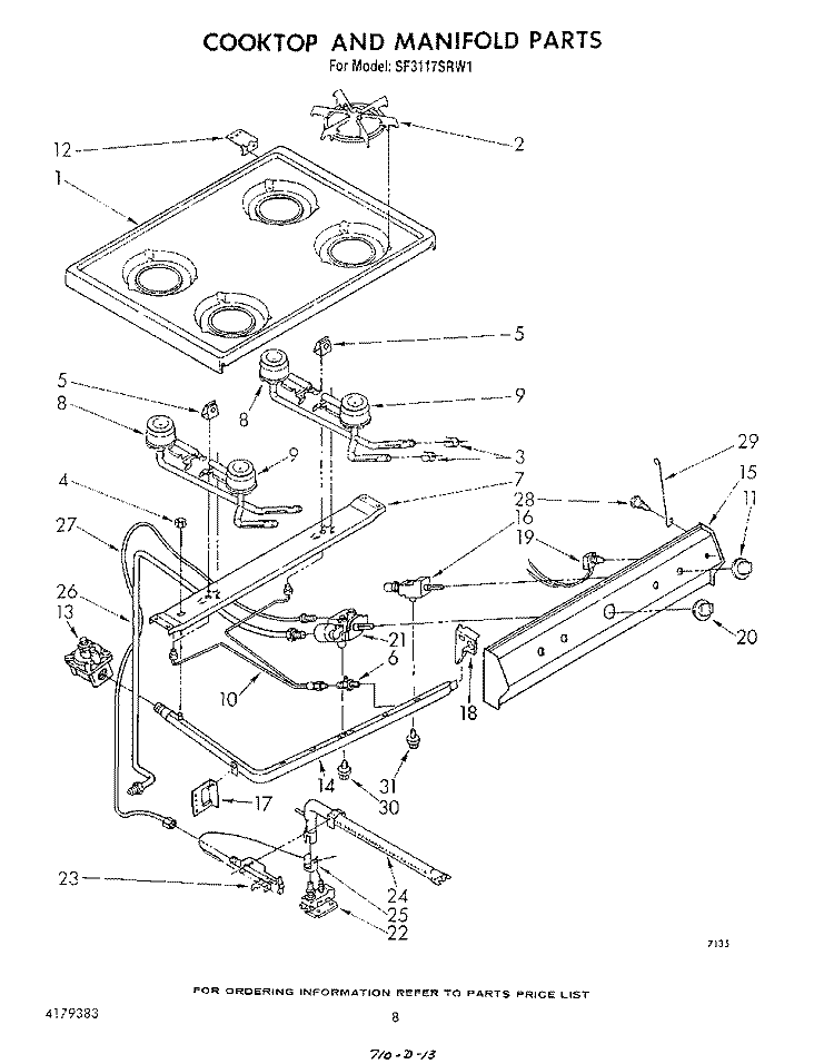 COOKTOP AND MANIFOLD , LITERATURE AND OPTIONAL Diagram and Parts List for SF3117SRW1  Whirlpool Range