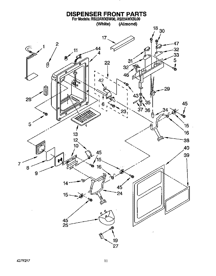 DISPENSER FRONT Diagram and Parts List for RS22AWXBL00  Roper Refrigerator