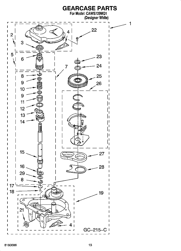 GEARCASE PARTS Diagram and Parts List for CAWS729MQ1  Crosley Washer