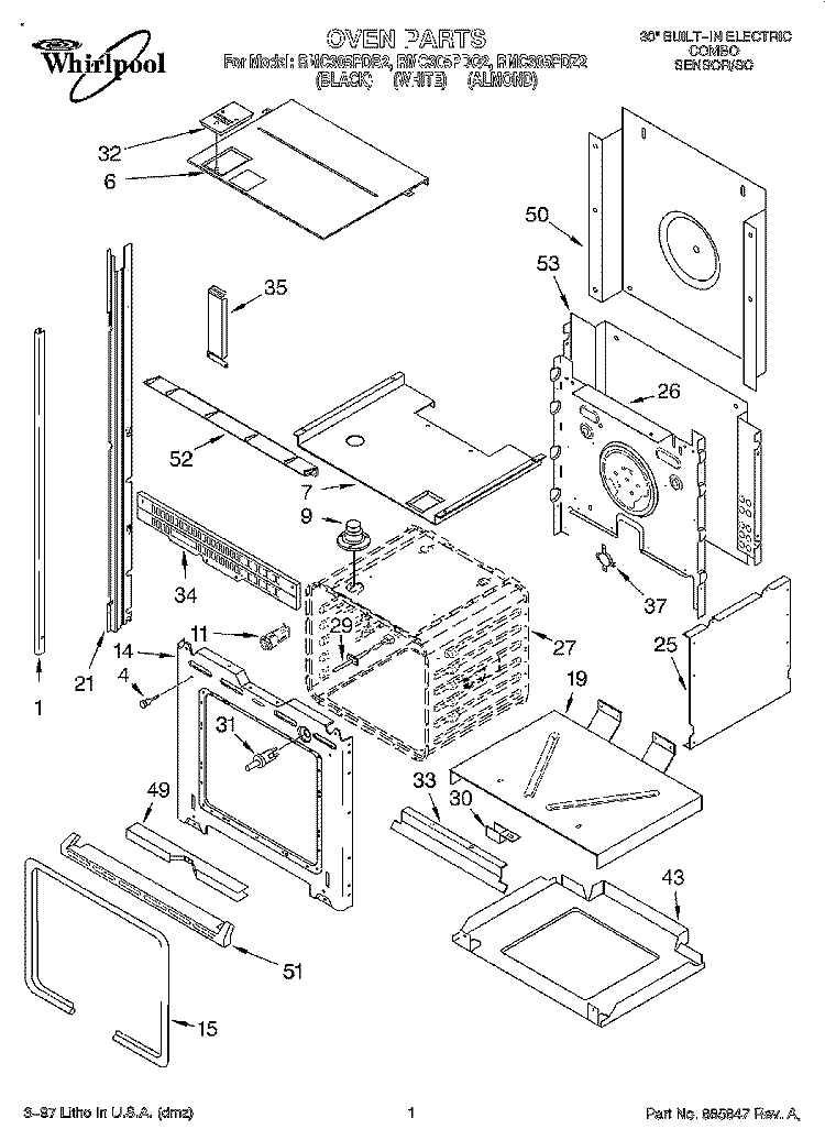 OVEN Diagram and Parts List for RMC305PDZ2  Whirlpool Microwave Oven Combo