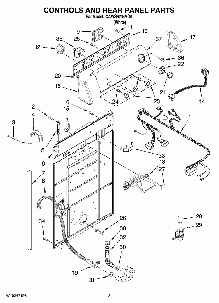 CONTROLS AND REAR PANEL PARTS Diagram and Parts List for CAWS9234VQ0  Crosley Washer