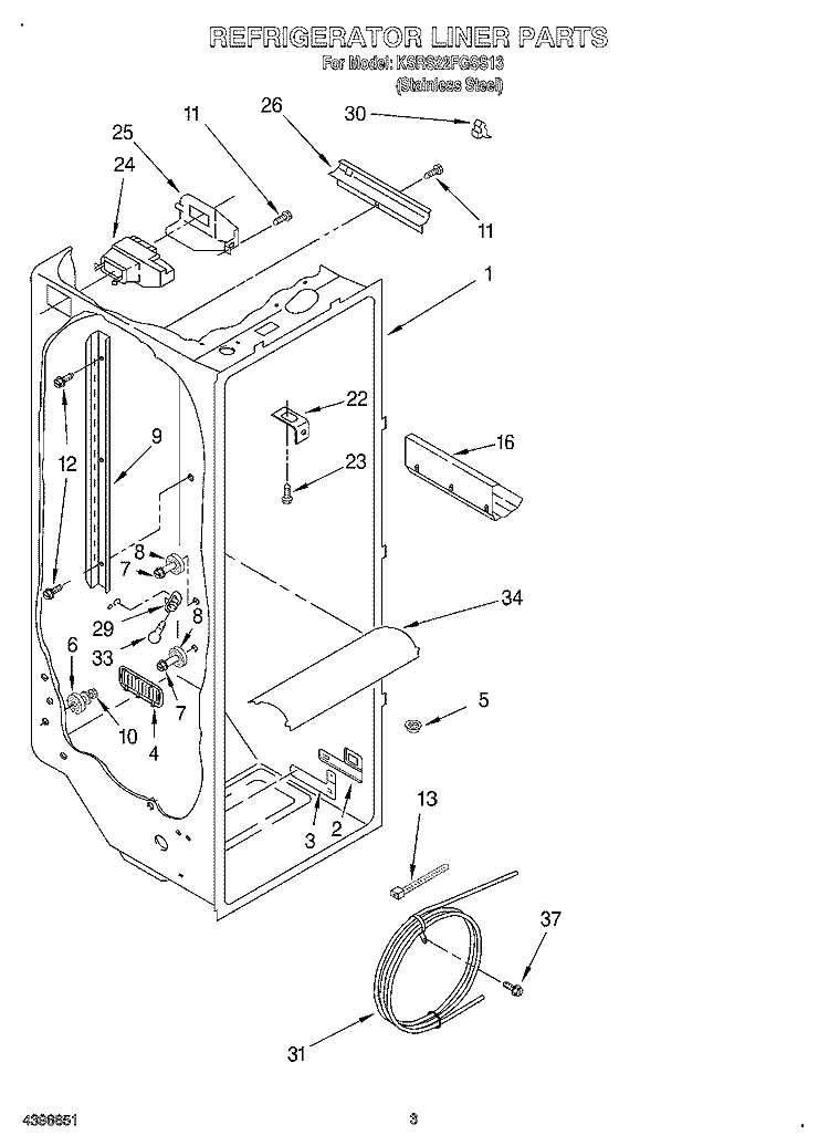 REFRIGERATOR LINER Diagram and Parts List for KSRS22FGSS13  KitchenAid Refrigerator