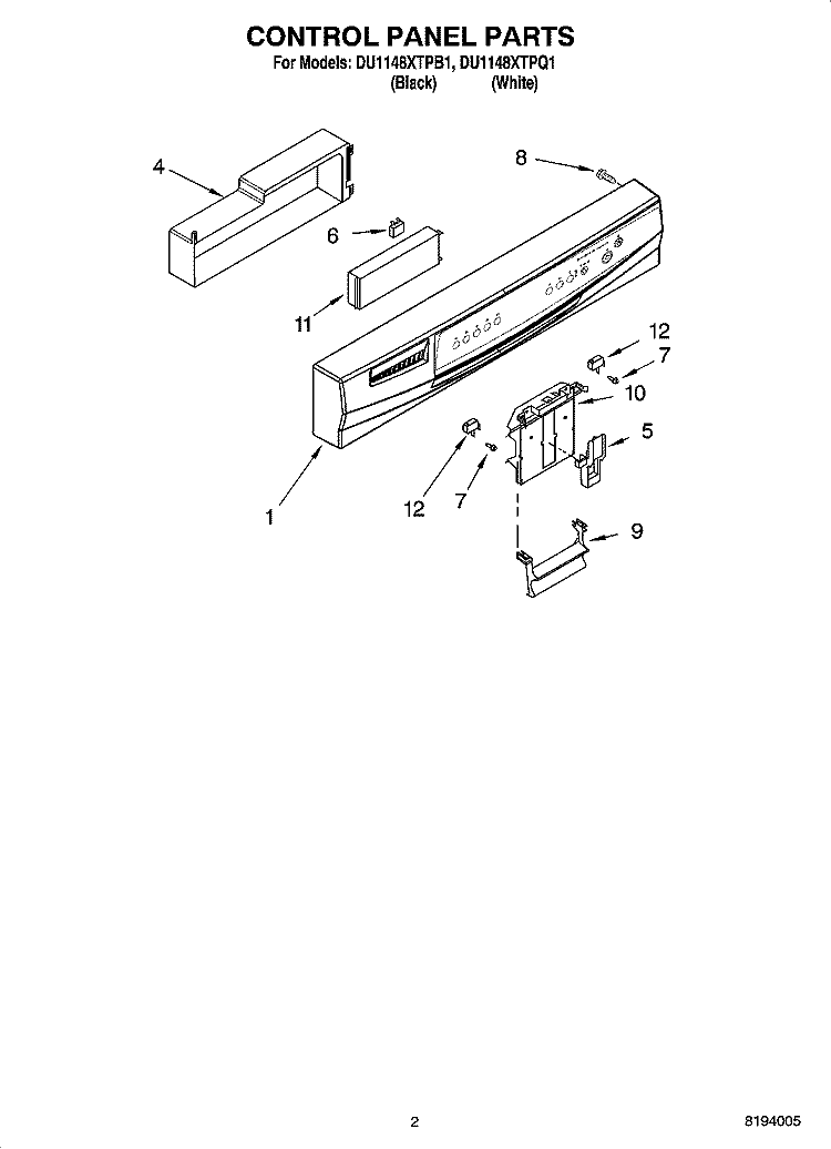 CONTROL PANEL PARTS Diagram and Parts List for DU1148XTPQ1  Whirlpool Dishwasher