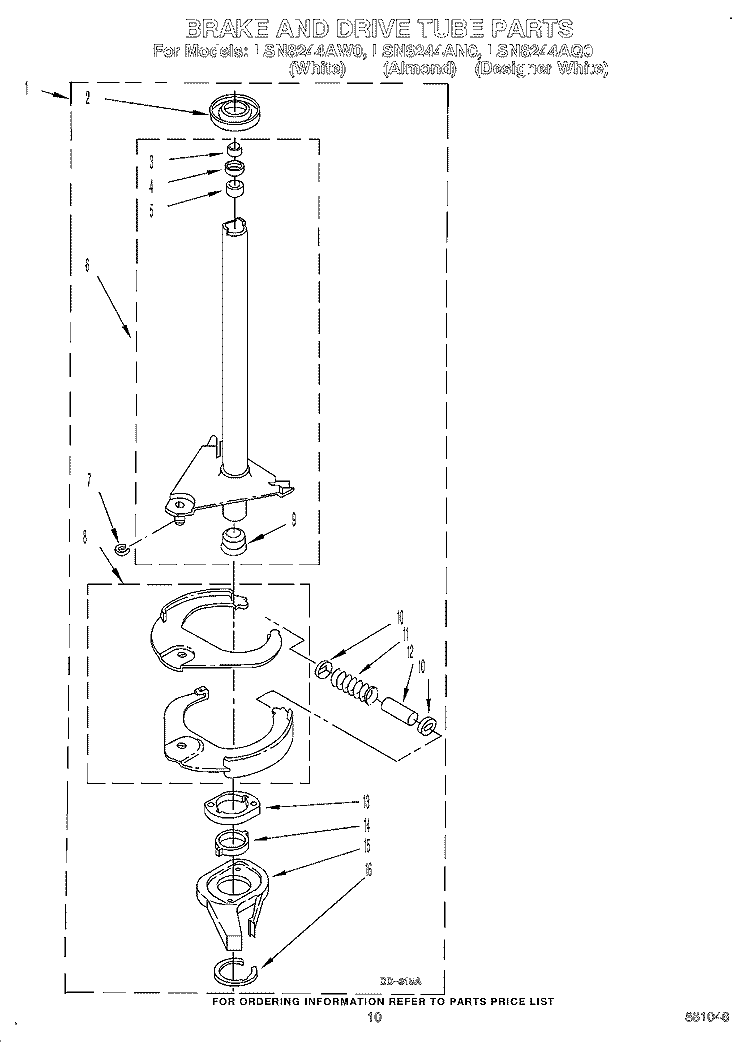 BRAKE AND DRIVE TUBE Diagram and Parts List for LSN8244AW0  Whirlpool Washer
