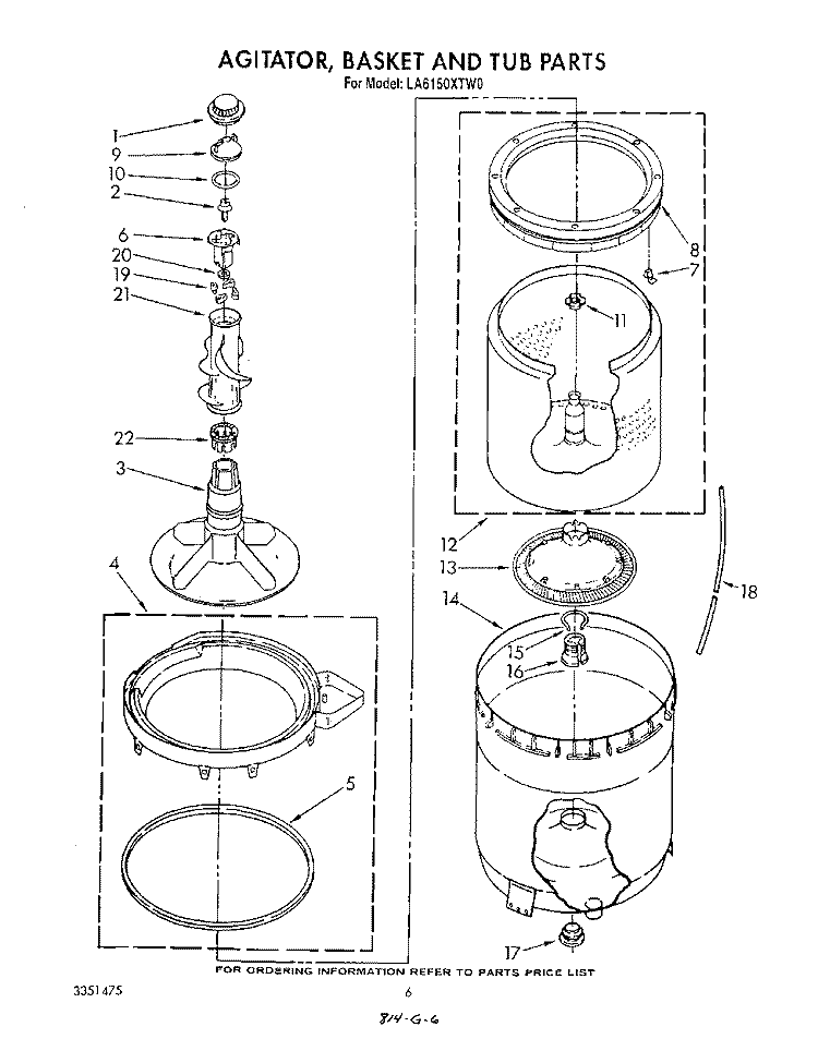 AGITATOR, BASKET AND TUB Diagram and Parts List for LA6150XTF0  Whirlpool Washer