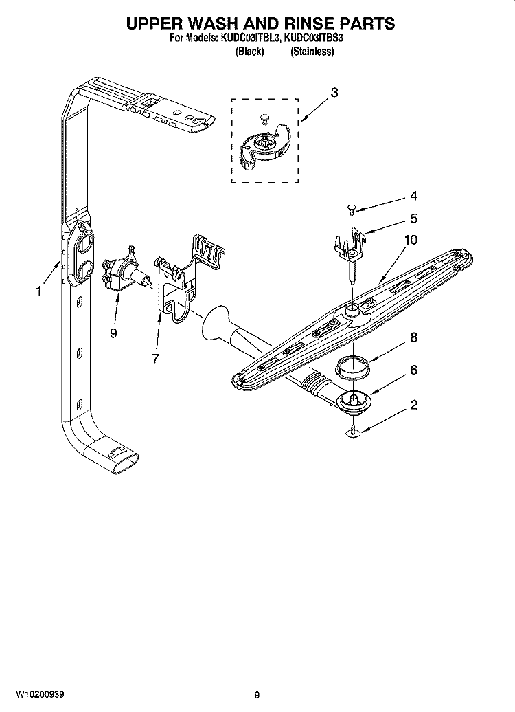 UPPER WASH AND RINSE PARTS Diagram and Parts List for KUDC03ITBS3  KitchenAid Dishwasher