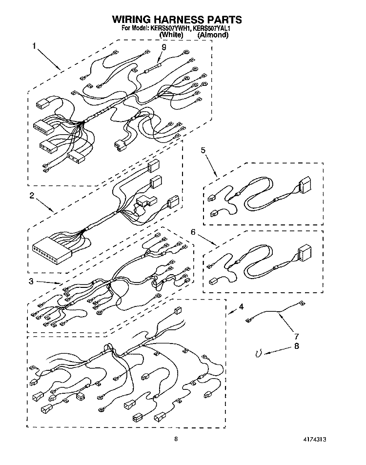 WIRING HARNESS Diagram and Parts List for KERS507YAL1  KitchenAid Range