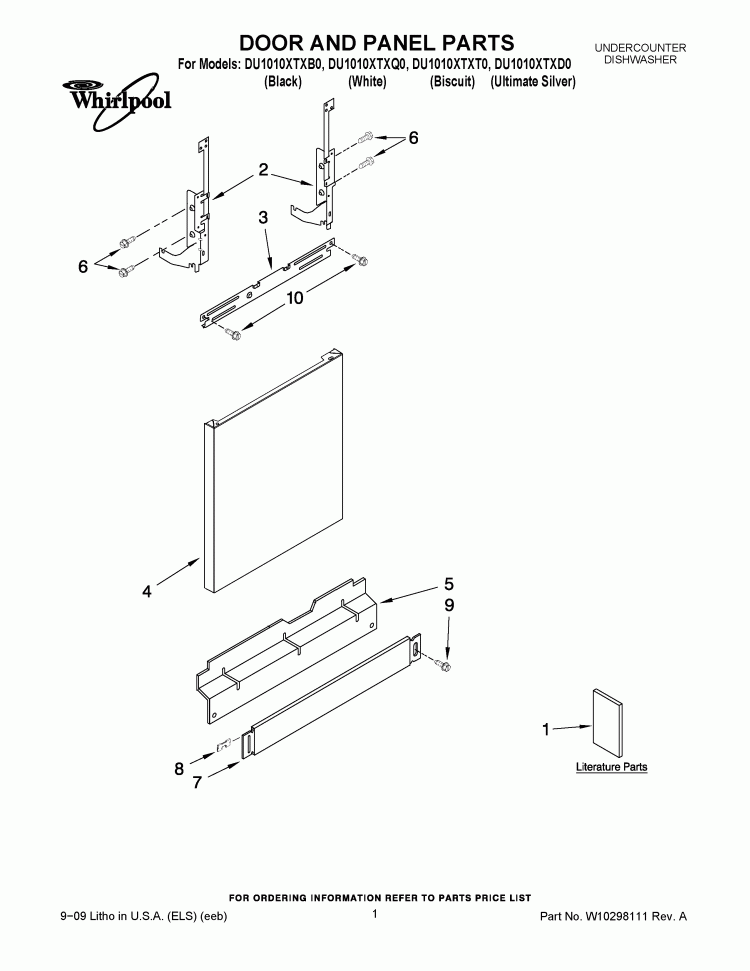 DOOR AND PANEL PARTS Diagram and Parts List for DU1010XTXT0  Whirlpool Dishwasher