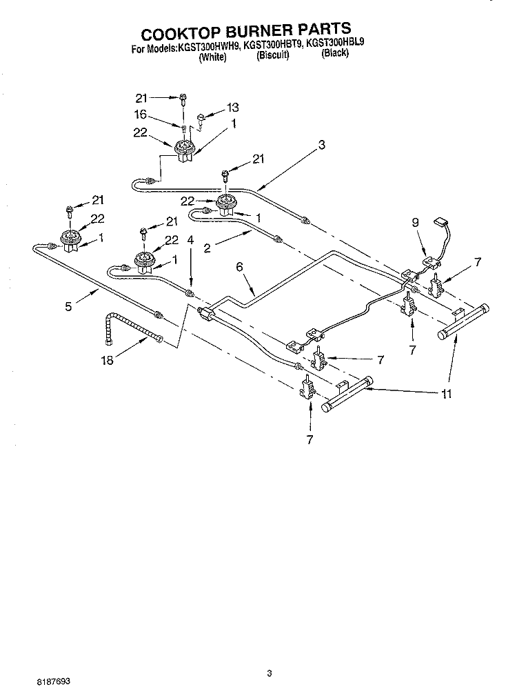 COOKTOP BURNER Diagram and Parts List for KGST300HBT9  KitchenAid Range