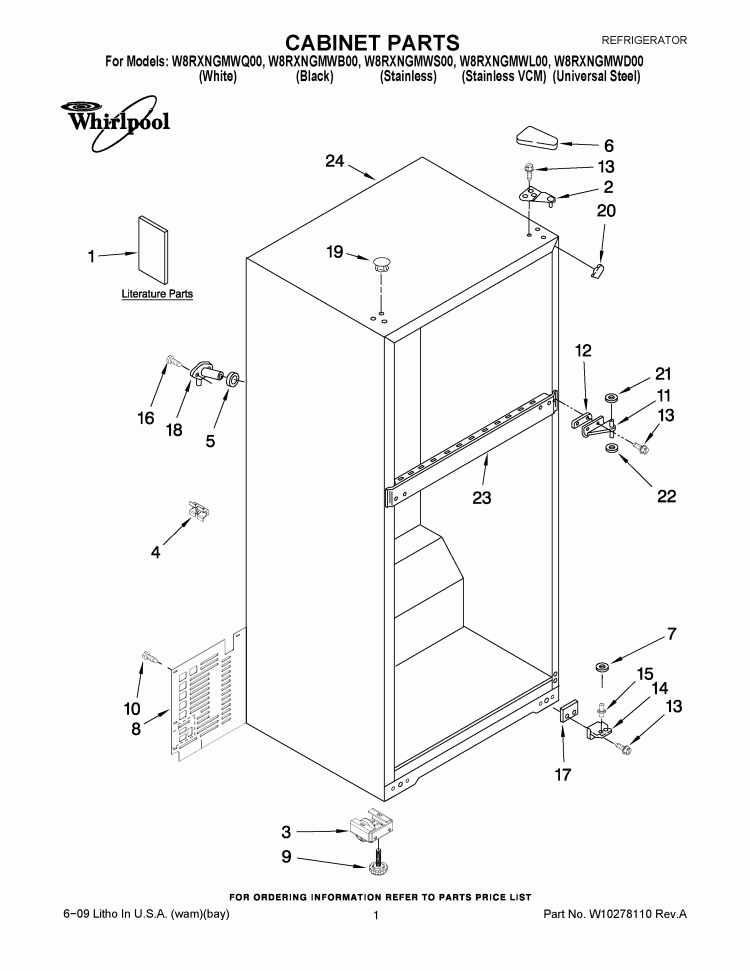 CABINET PARTS Diagram and Parts List for W8RXNGMWL00  Whirlpool Refrigerator