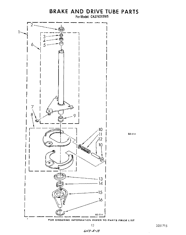 BRAKE AND DRIVE TUBE Diagram and Parts List for CA2762XSW5  Whirlpool Washer