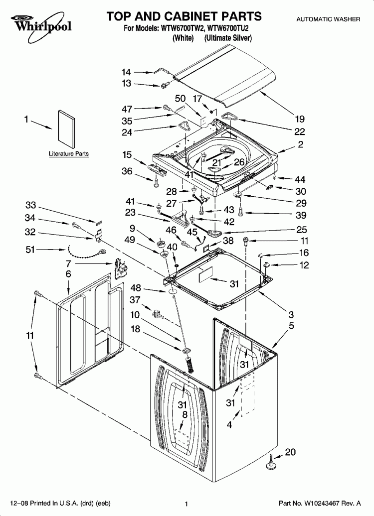 TOP AND CABINET PARTS Diagram and Parts List for WTW6700TU2  Whirlpool Washer