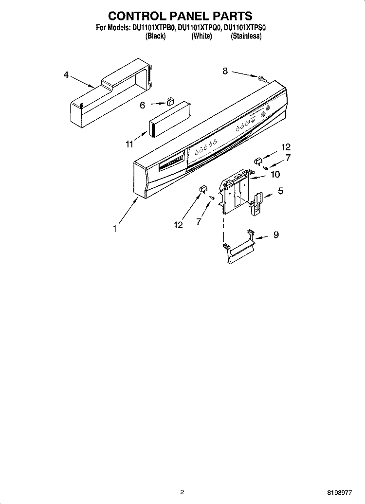 CONTROL PANEL PARTS Diagram and Parts List for DU1101XTPB0  Whirlpool Dishwasher