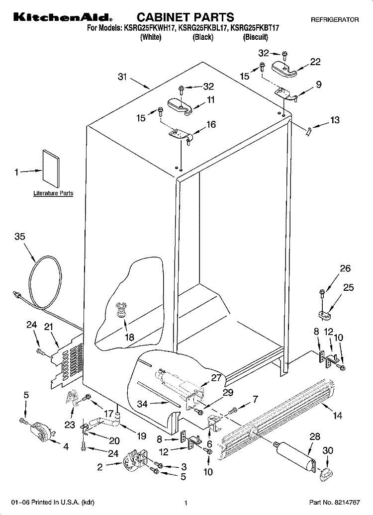CABINET PARTS Diagram and Parts List for KSRG25FKBT17  KitchenAid Refrigerator