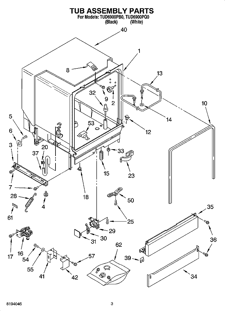 TUB ASSEMBLY PARTS Diagram and Parts List for TUD6900PQ0  Estate Dishwasher