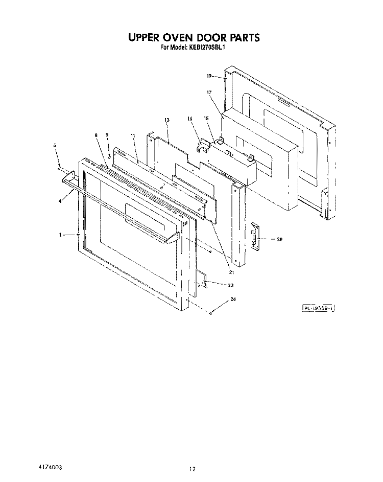 UPPER OVEN DOOR, LIT/OPTIONAL Diagram and Parts List for KEBI270SBL1  KitchenAid Wall Oven