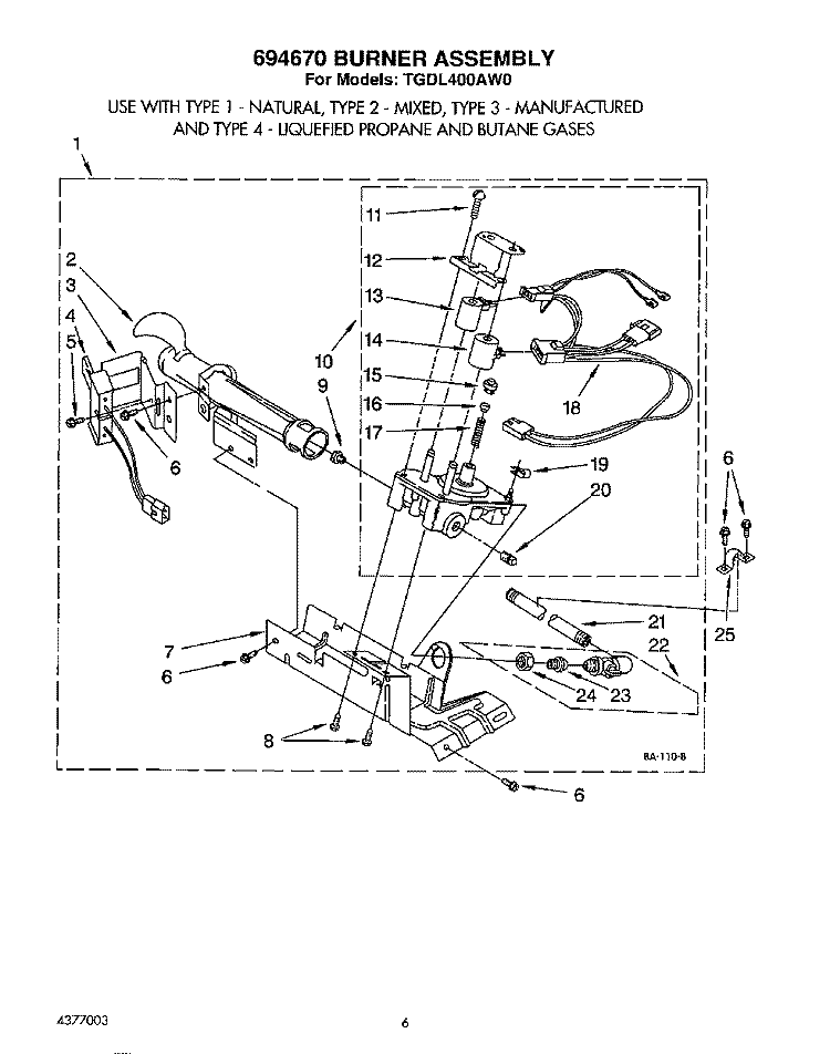 694670 BURNER ASSEMBLY Diagram and Parts List for TGDL400AW0  Whirlpool Dryer