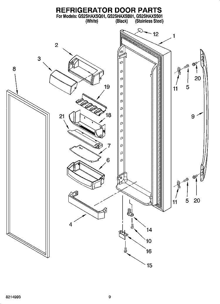 REFRIGERATOR DOOR PARTS Diagram and Parts List for GS2SHAXSQ01  Whirlpool Refrigerator