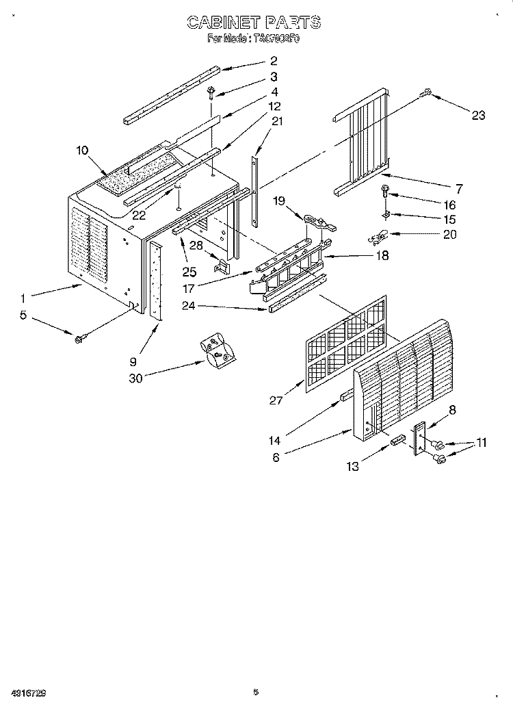 CABINET Diagram and Parts List for TA07002F0  Whirlpool Air Conditioner