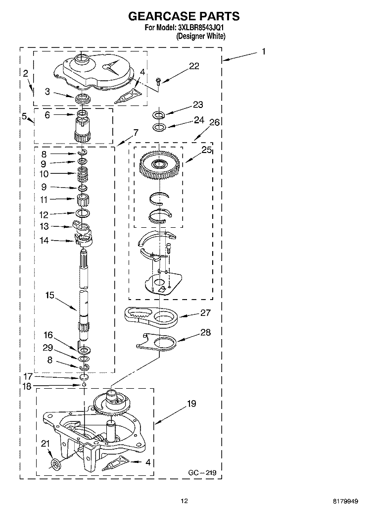 GEARCASE PARTS Diagram and Parts List for 3XLBR8543JQ1  Whirlpool Washer