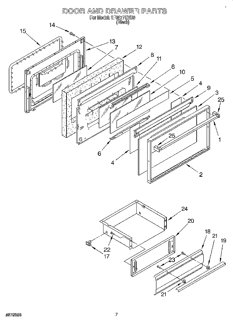 DOOR & DRAWER Diagram and Parts List for SF387PEYB8  Whirlpool Range