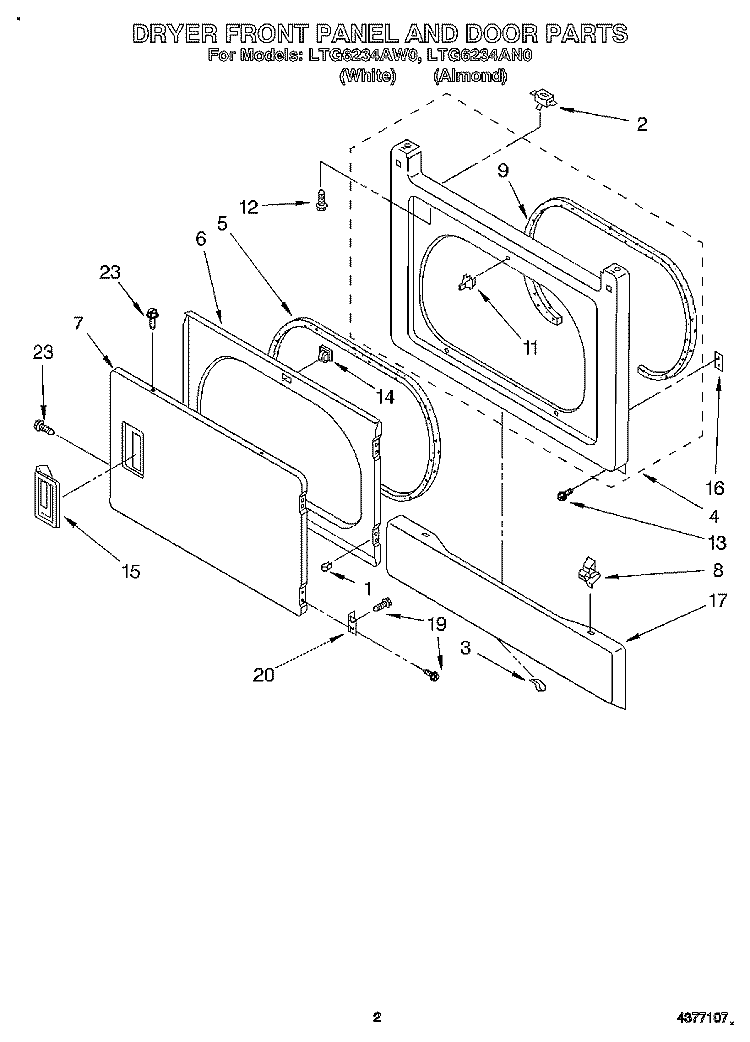 DRYER FRONT PANEL AND DOOR Diagram and Parts List for LTG6234AN0  Whirlpool Washer Dryer Combo