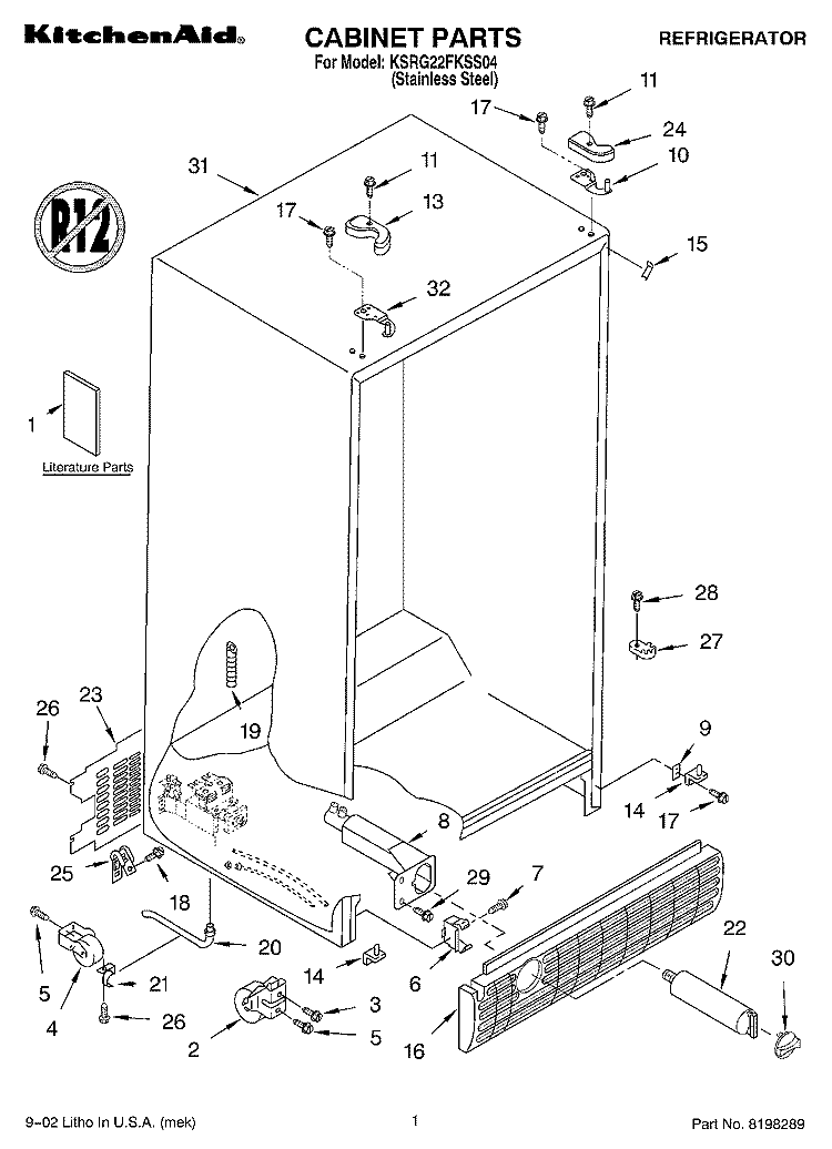 CABINET, LITERATURE Diagram and Parts List for KSRG22FKSS04  KitchenAid Refrigerator