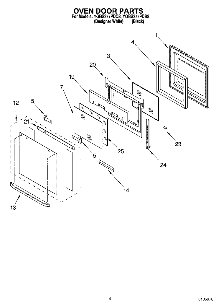 OVEN DOOR PARTS Diagram and Parts List for YGBS277PDQ8  Whirlpool Wall Oven