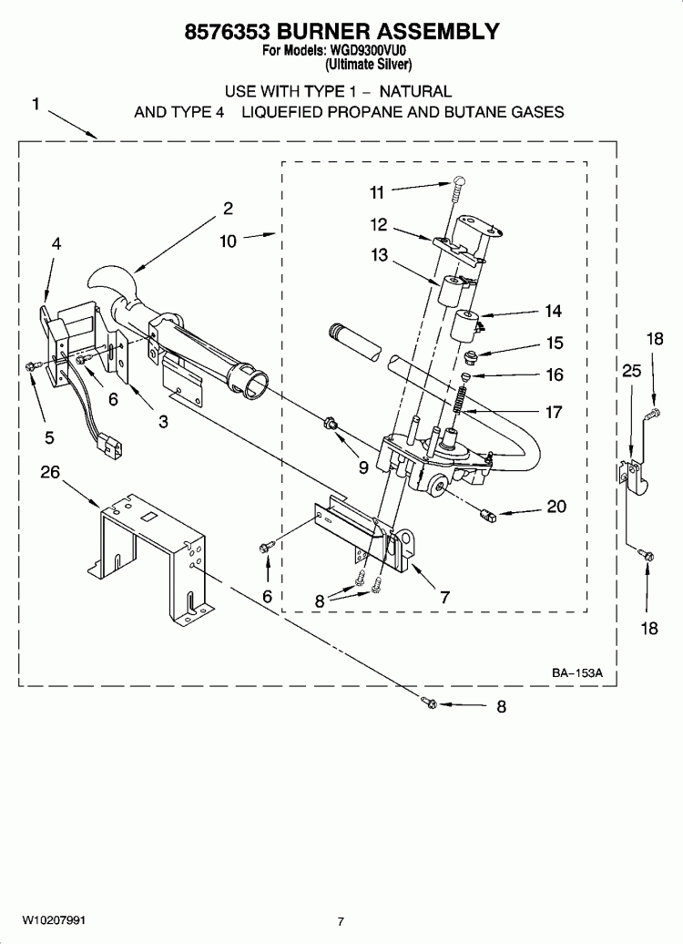 8576353 BURNER ASSEMBLY Diagram and Parts List for WGD9300VU0  Whirlpool Dryer