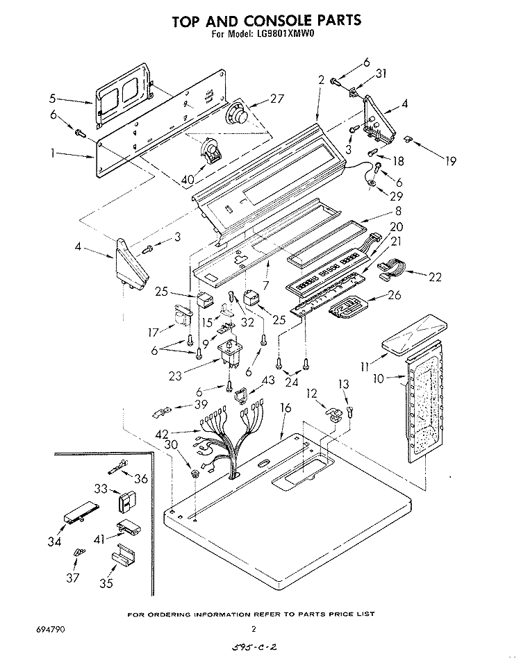 TOP AND CONSOLE , LITERATURE AND OPTIONAL Diagram and Parts List for LG9801XMW0  Whirlpool Dryer