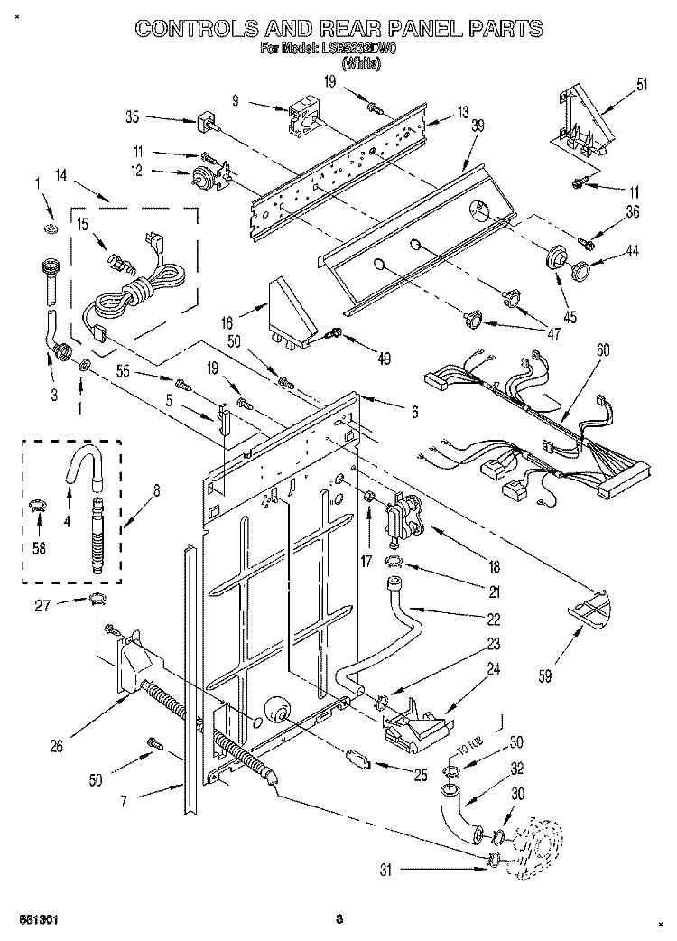CONTROLS AND REAR PANEL Diagram and Parts List for LSR5232DW0  Whirlpool Washer