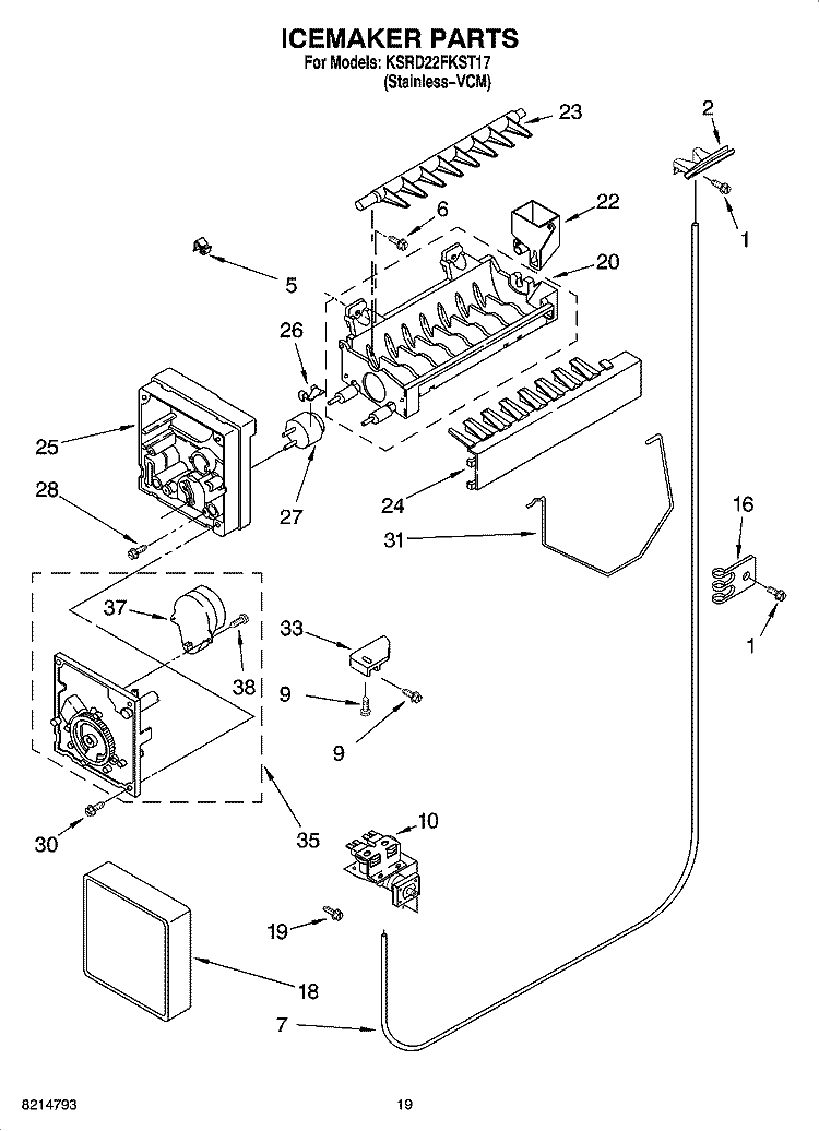 ICEMAKER PARTS, OPTIONAL PARTS (NOT INCLUDED) Diagram and Parts List for KSRD22FKST17  KitchenAid Refrigerator