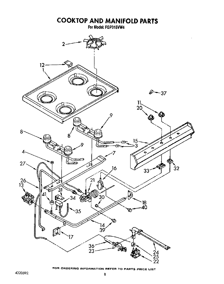 COOKTOP AND MANIFOLD, LIT/OPTIONAL Diagram and Parts List for FGP315VW4  Roper Range