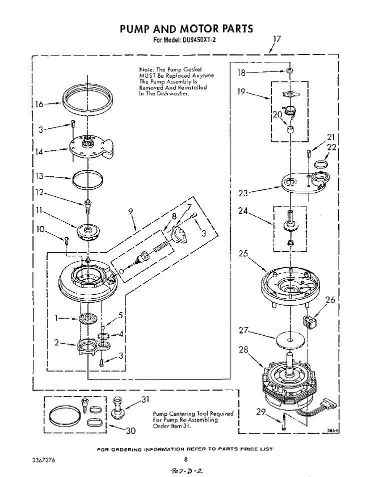 PUMP AND MOTOR Diagram and Parts List for DU9450XT2  Whirlpool Dishwasher