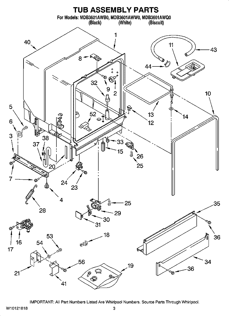 TUB ASSEMBLY PARTS Diagram and Parts List for MDB3601AWW0  Whirlpool Dishwasher