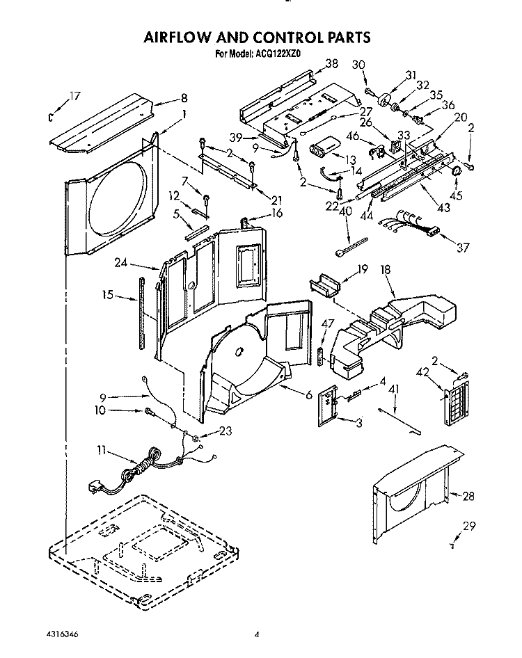 AIRFLOW AND CONTROL Diagram and Parts List for ACQ122XZ0  Whirlpool Air Conditioner