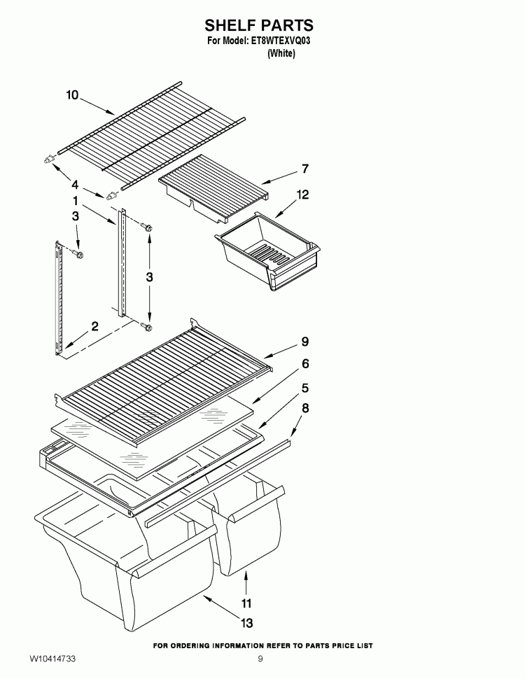 SHELF PARTS Diagram and Parts List for ET8WTEXVQ03  Whirlpool Refrigerator