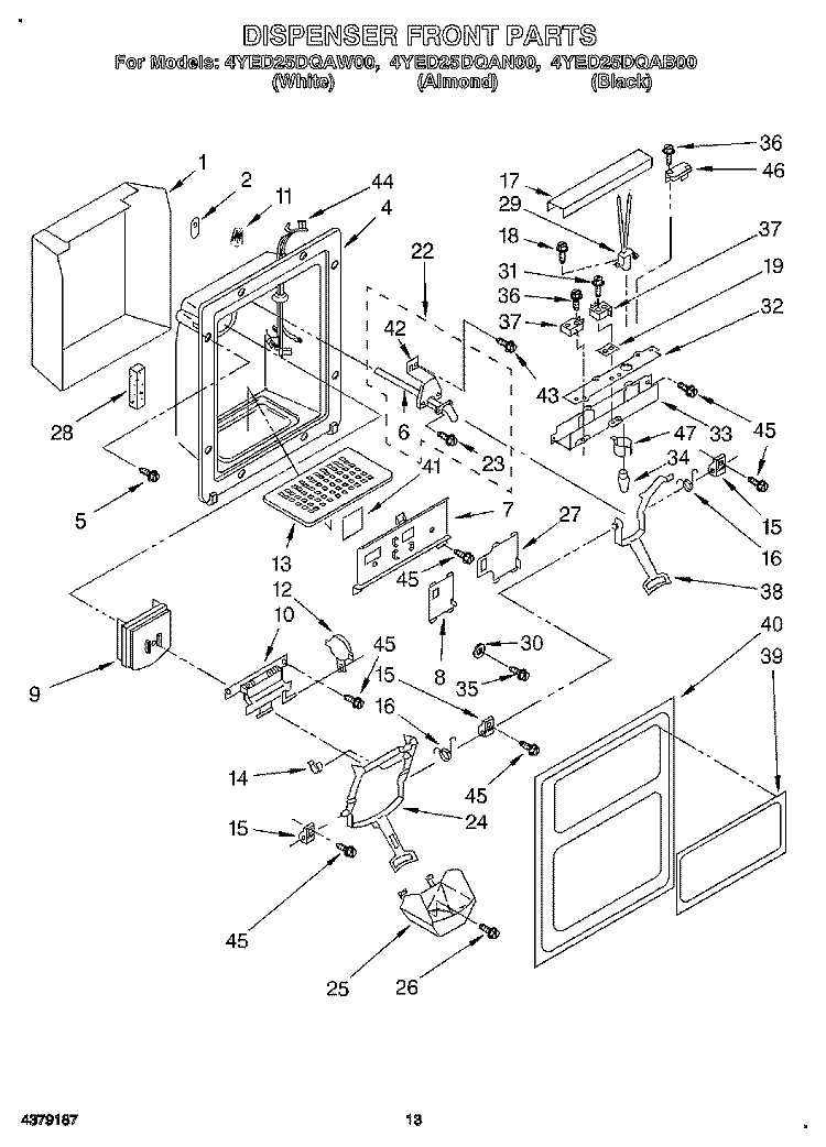 DISPENSER FRONT Diagram and Parts List for 4YED25DQAB00  Whirlpool Refrigerator