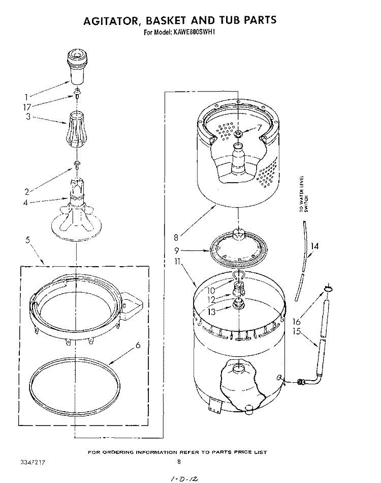 AGITATOR, BASKET AND TUB Diagram and Parts List for KAWE800SWH1  Whirlpool Washer