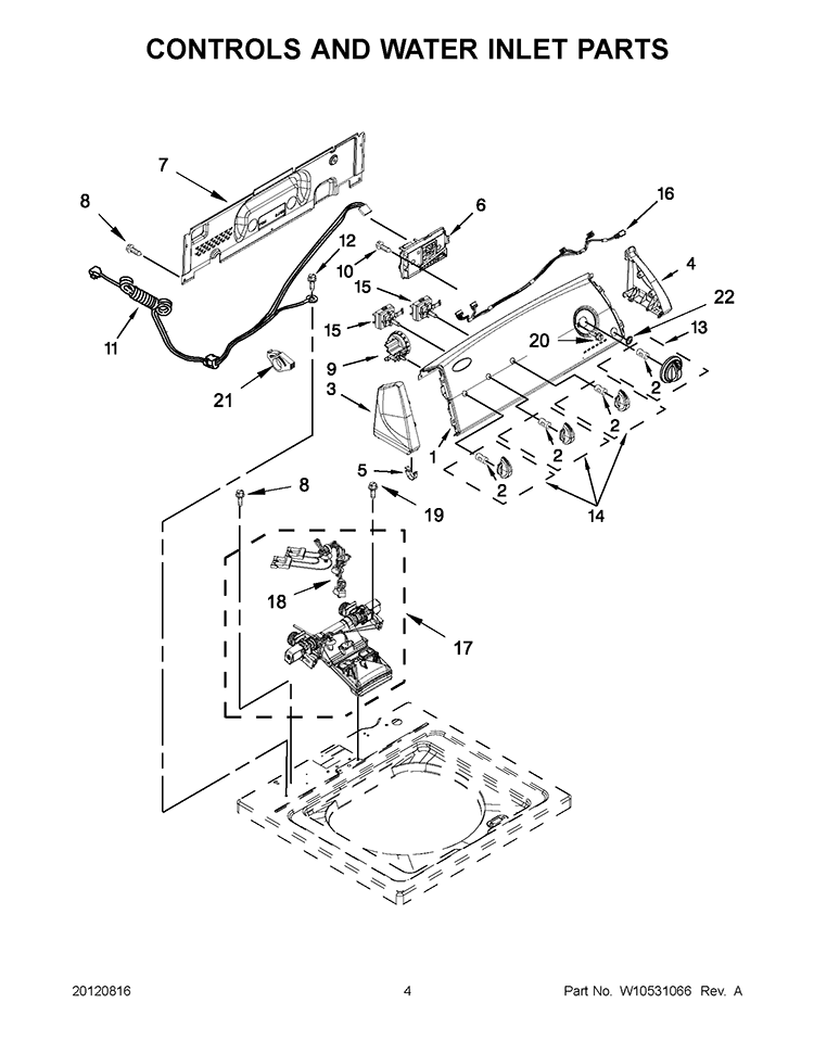 CONTROLS AND WATER INLET PARTS Diagram and Parts List for 7MWTW1603AW1  Whirlpool Washer