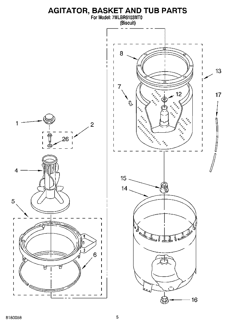 AGITATOR, BASKET AND TUB PARTS Diagram and Parts List for 7MLBR6103MT0  Whirlpool Washer