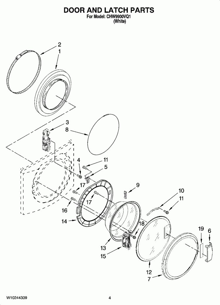 DOOR AND LATCH PARTS Diagram and Parts List for CHW9900VQ1  Whirlpool Washer
