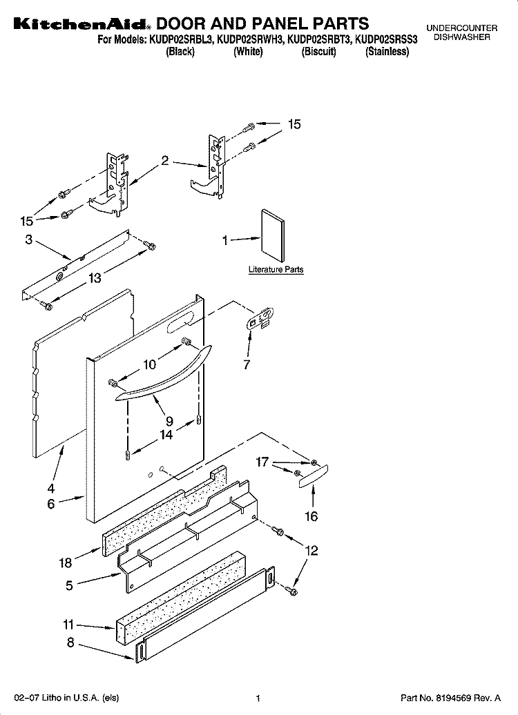 DOOR AND PANEL PARTS Diagram and Parts List for KUDP02SRBL3  KitchenAid Dishwasher