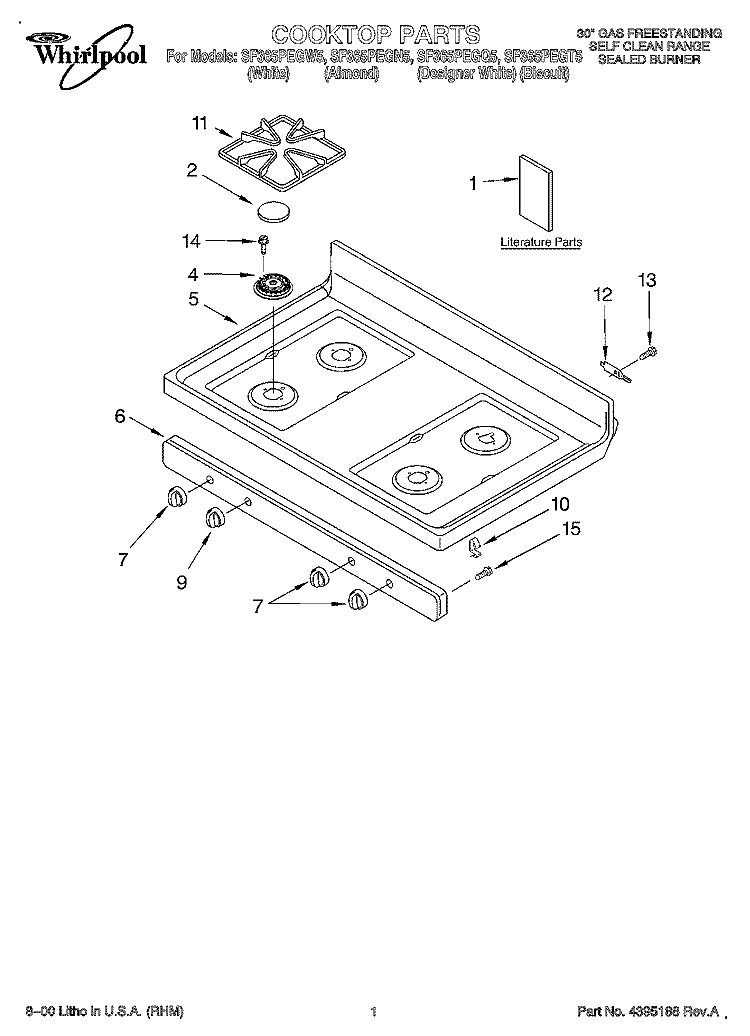 COOKTOP, LITERATURE Diagram and Parts List for SF365PEGT5  Whirlpool Range
